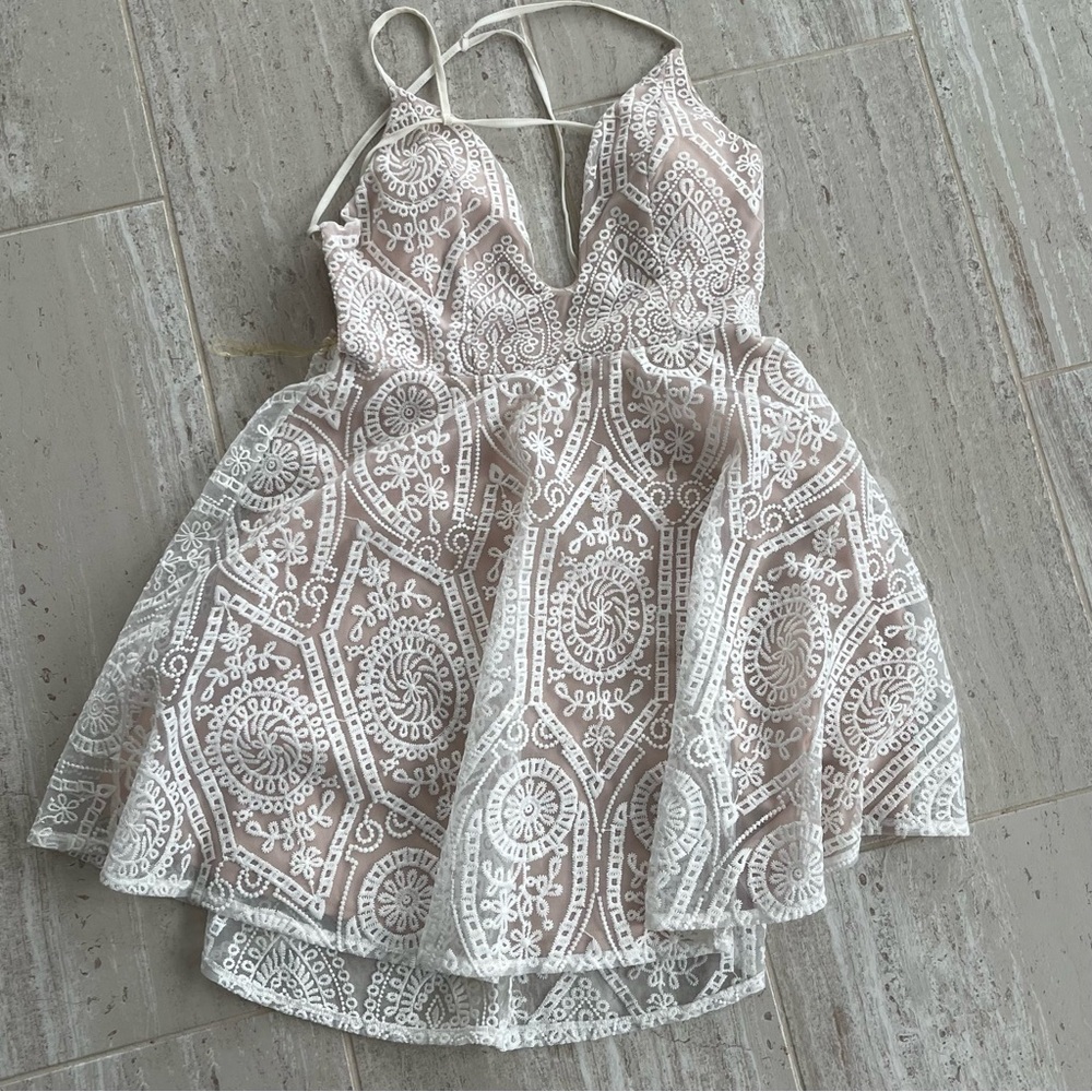 L'ATISTE White Lace Overlay Mini Dress with Nude Lining